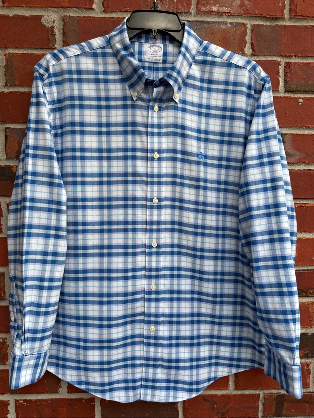 Brooks Brothers XL Blue & White Plaid Non-Iron Long Sleeve Button-Down Shirt P5